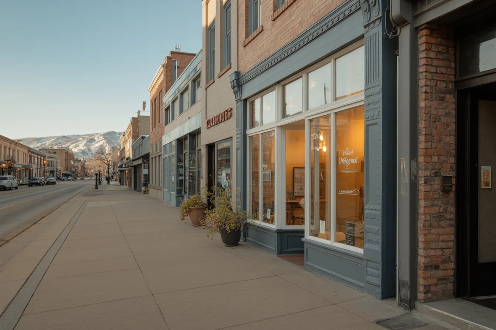 Business Insurance Independent storefront on a Colorado main street at golden hour, with snow-dusted foothills beyond.